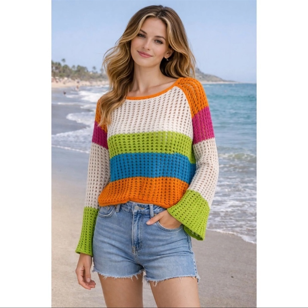 Wild Fable crochet colorblock flare sleeve sweater top size Large